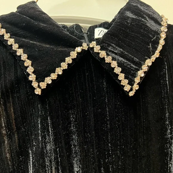 Zara Black Velvet Dress with rhinestone collar small - Picture 3 of 5